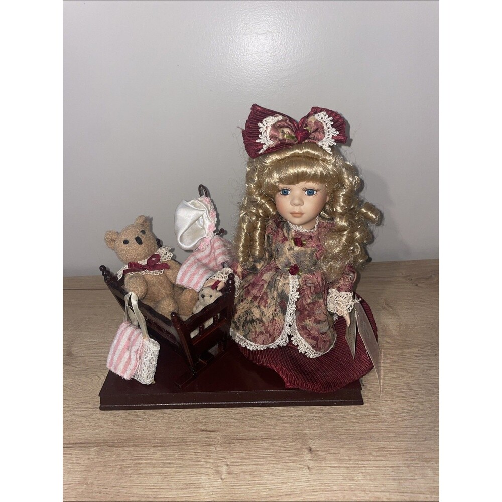 Collectible Memories Veronica Porcelain Doll w/ Teddy Bear Cradle + COA